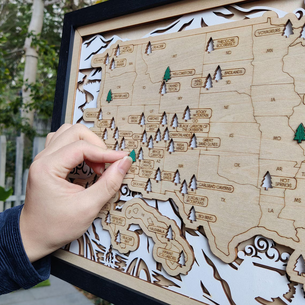 US National Parks Wooden Travel Map & Visit Tracker (White-Hiking)