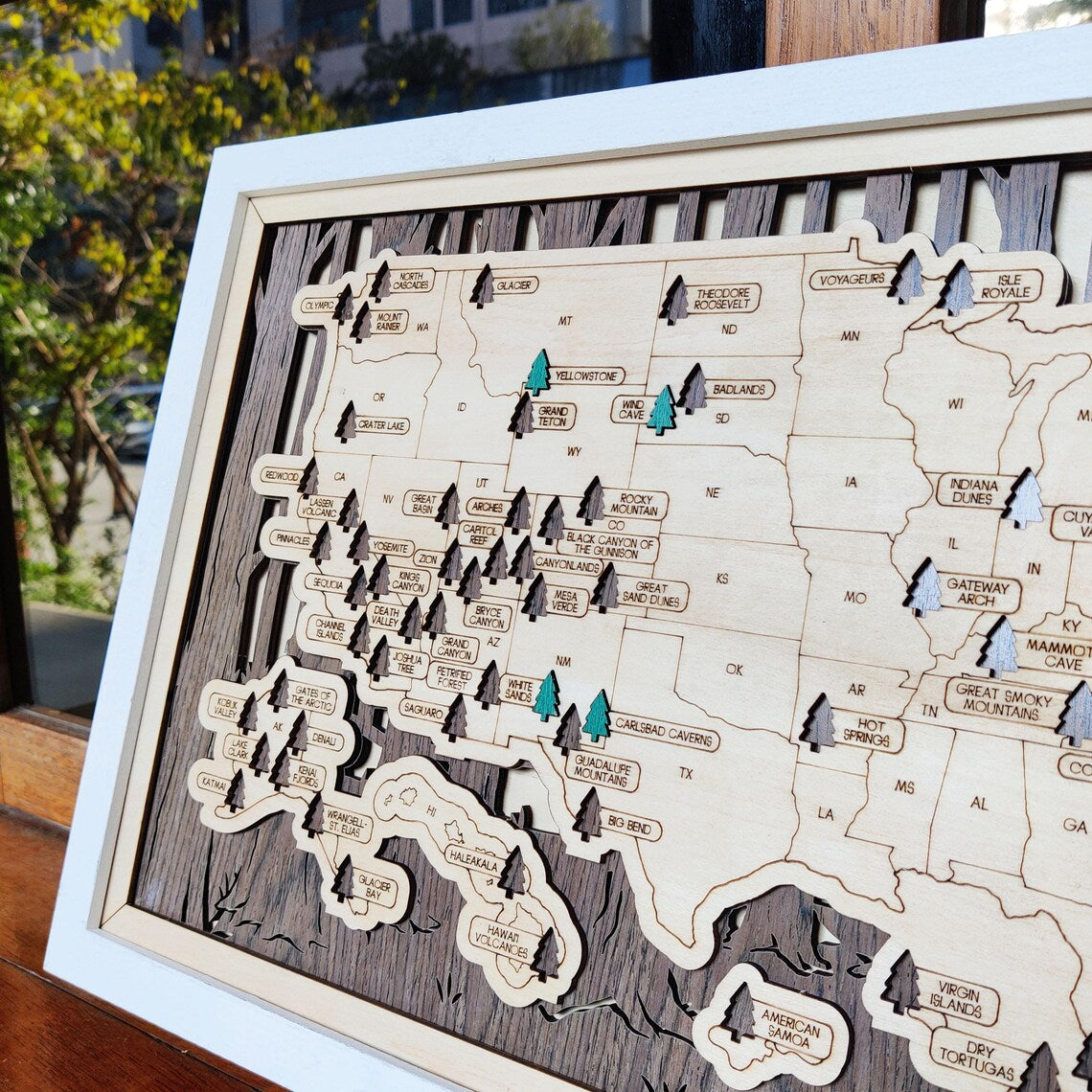 US National Parks Wooden Travel Map & Visit Tracker (Walnut-Branch)