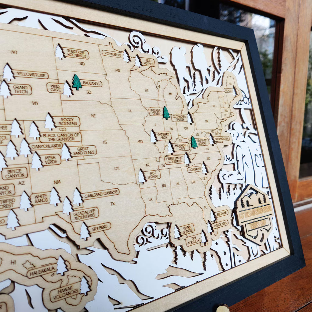 US National Parks Wooden Travel Map & Visit Tracker (White-Hiking)