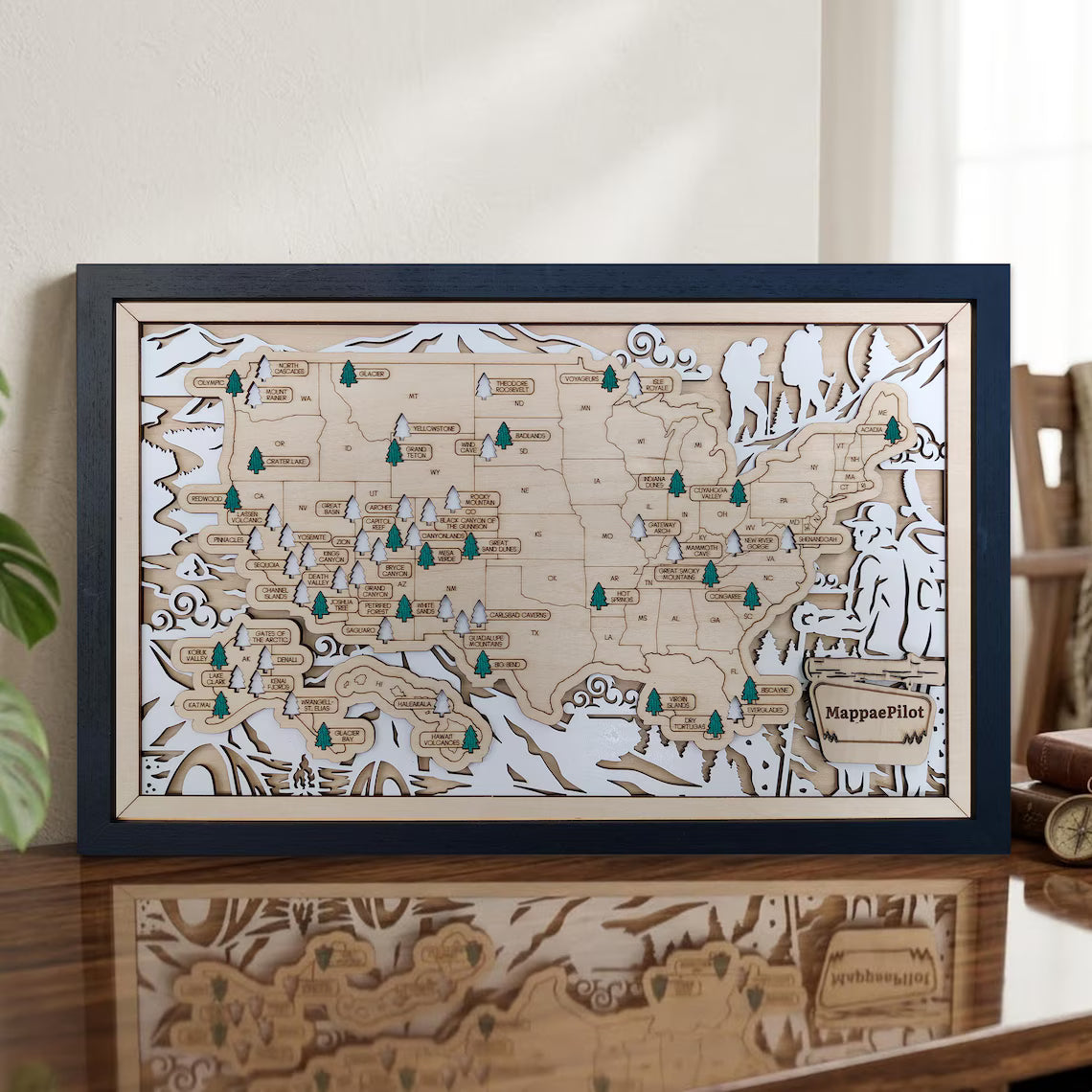 US National Parks Wooden Travel Map & Visit Tracker (White-Hiking)