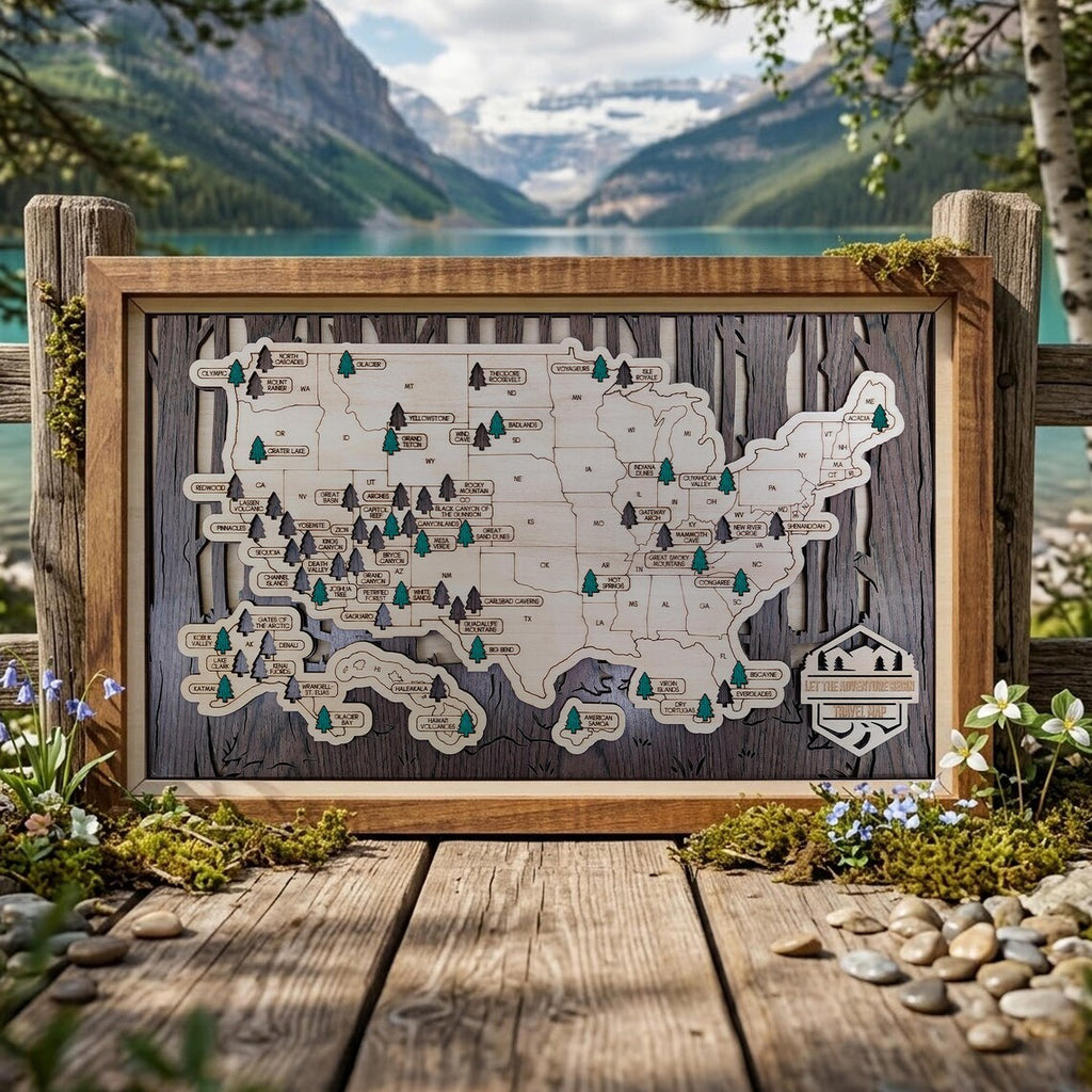 US National Parks Wooden Travel Map & Visit Tracker (Walnut-Branch)
