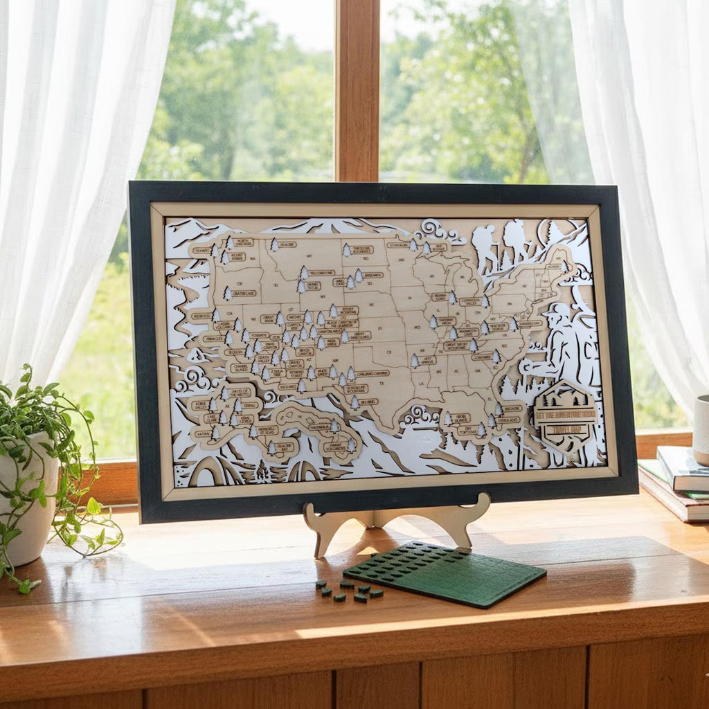 US National Parks Wooden Travel Map & Visit Tracker (White-Hiking)