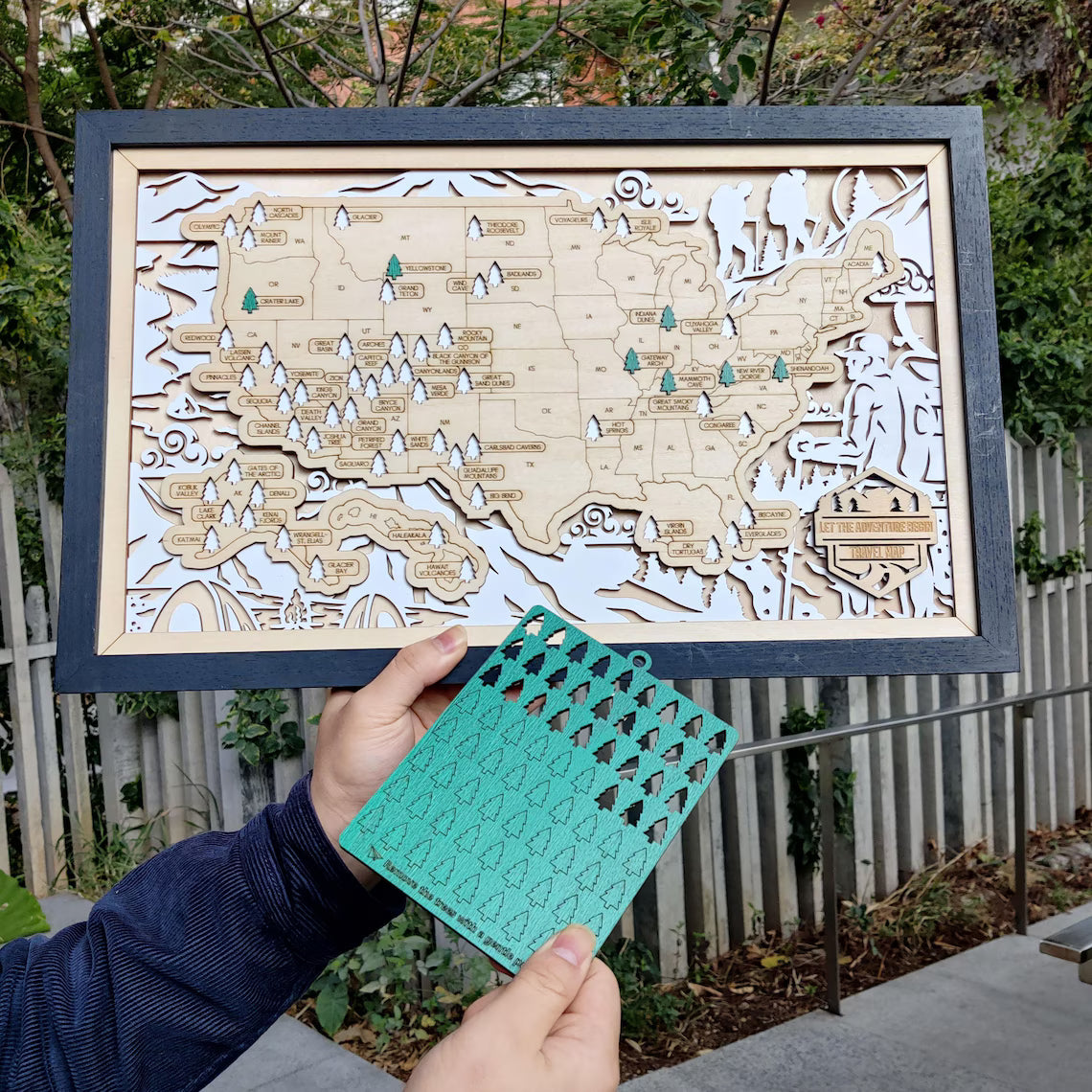 US National Parks Wooden Travel Map & Visit Tracker (White-Hiking)