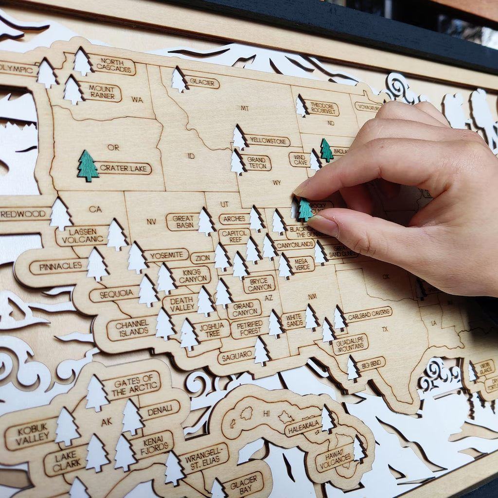 US National Parks Wooden Travel Map & Visit Tracker (White-Hiking)