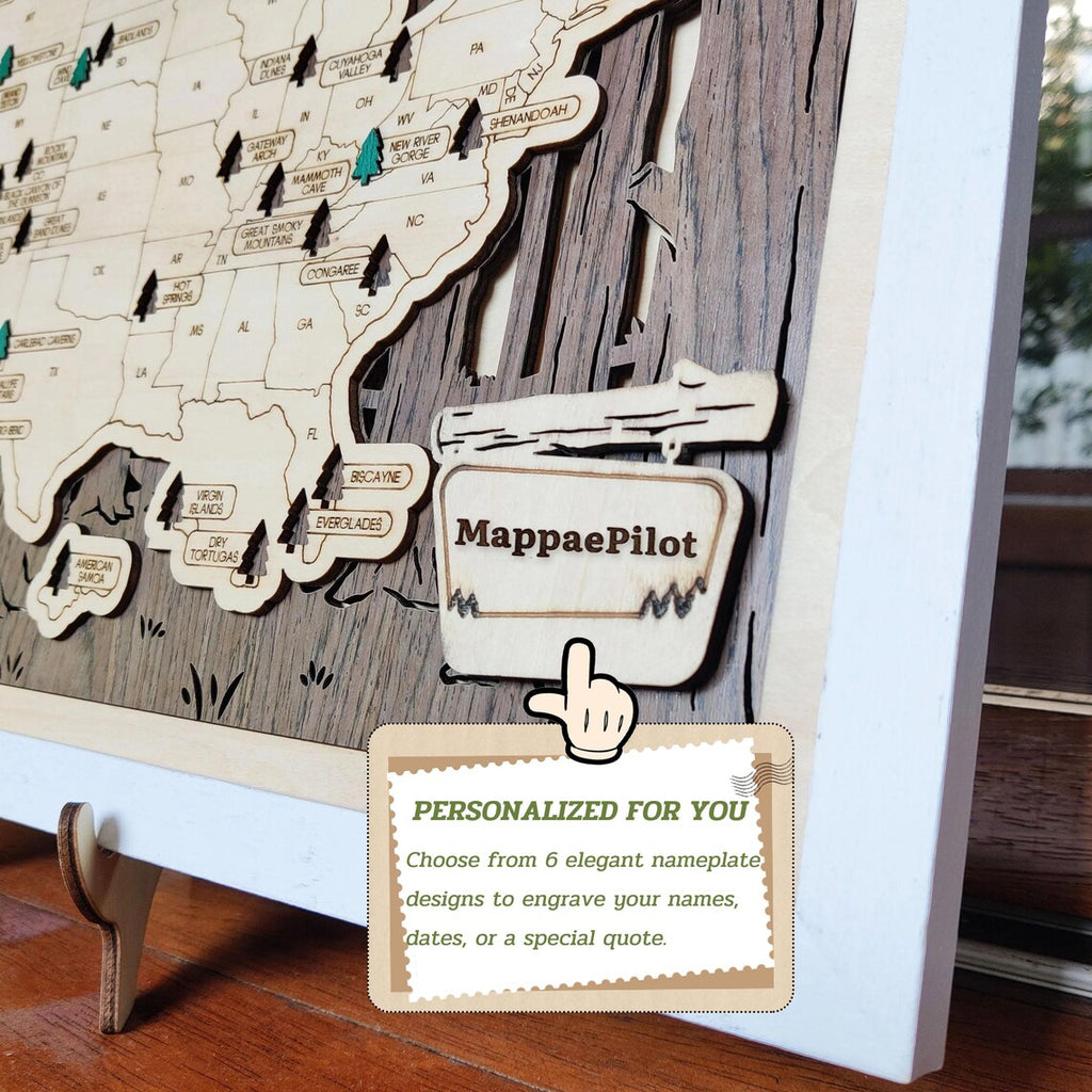 US National Parks Wooden Travel Map & Visit Tracker (Walnut-Branch)