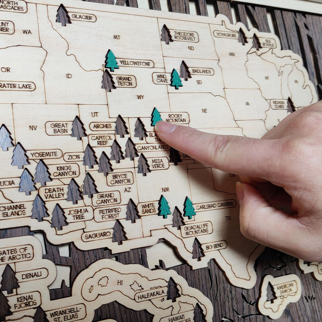 US National Parks Wooden Travel Map & Visit Tracker (Walnut-Branch)