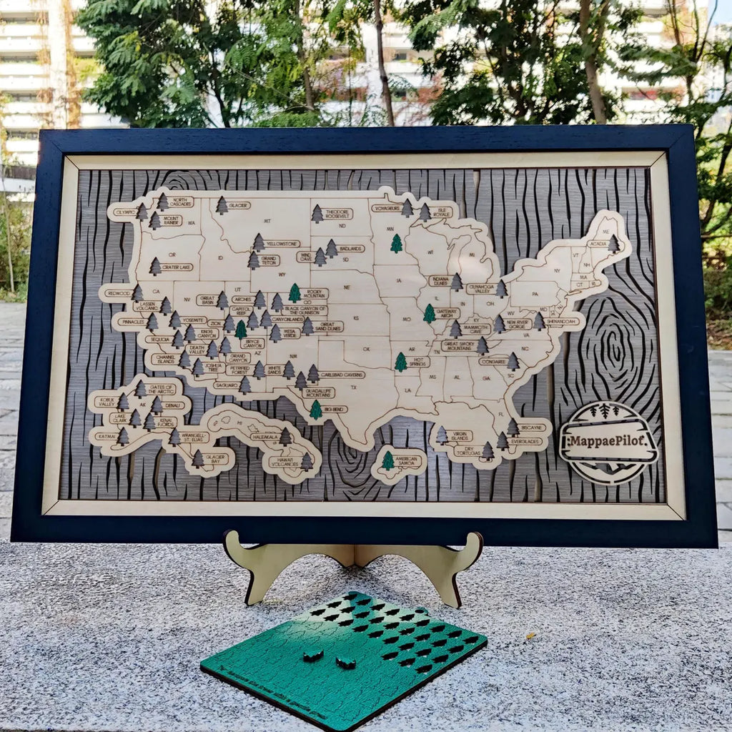 US National Parks Wooden Travel Map & Visit Tracker (Grey-Tree Texture)