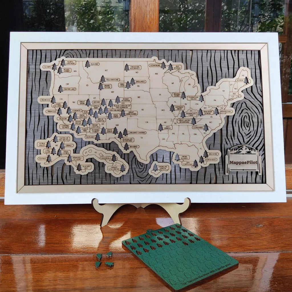 US National Parks Wooden Travel Map & Visit Tracker (Grey-Tree Texture)
