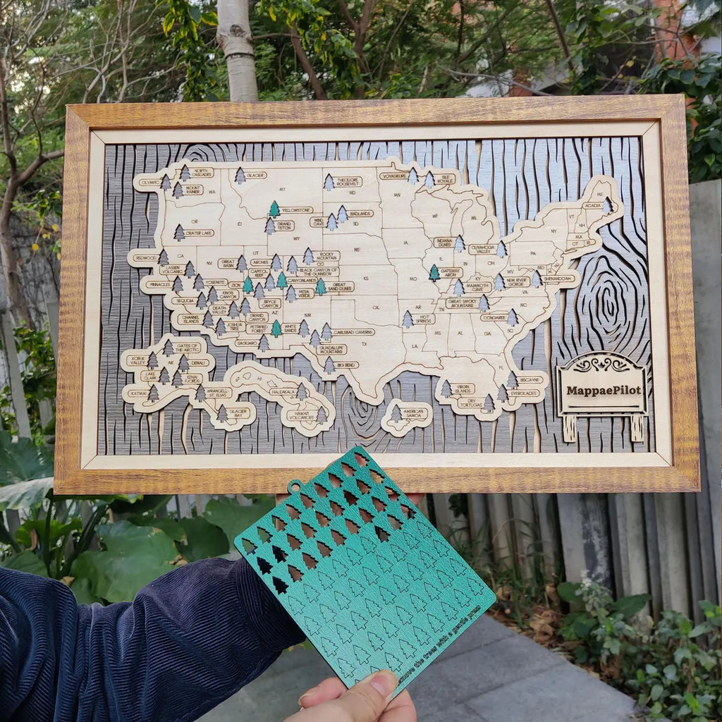 US National Parks Wooden Travel Map & Visit Tracker (Grey-Tree Texture)
