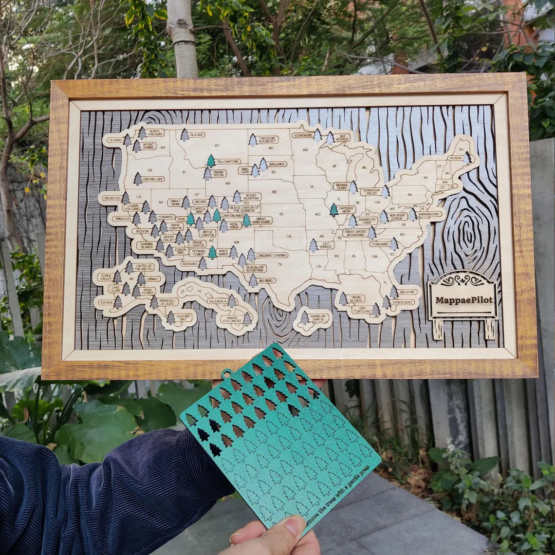 US National Parks Wooden Travel Map & Visit Tracker (Grey-Tree Texture)