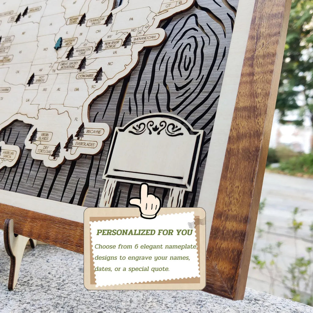 US National Parks Wooden Travel Map & Visit Tracker (Grey-Tree Texture)