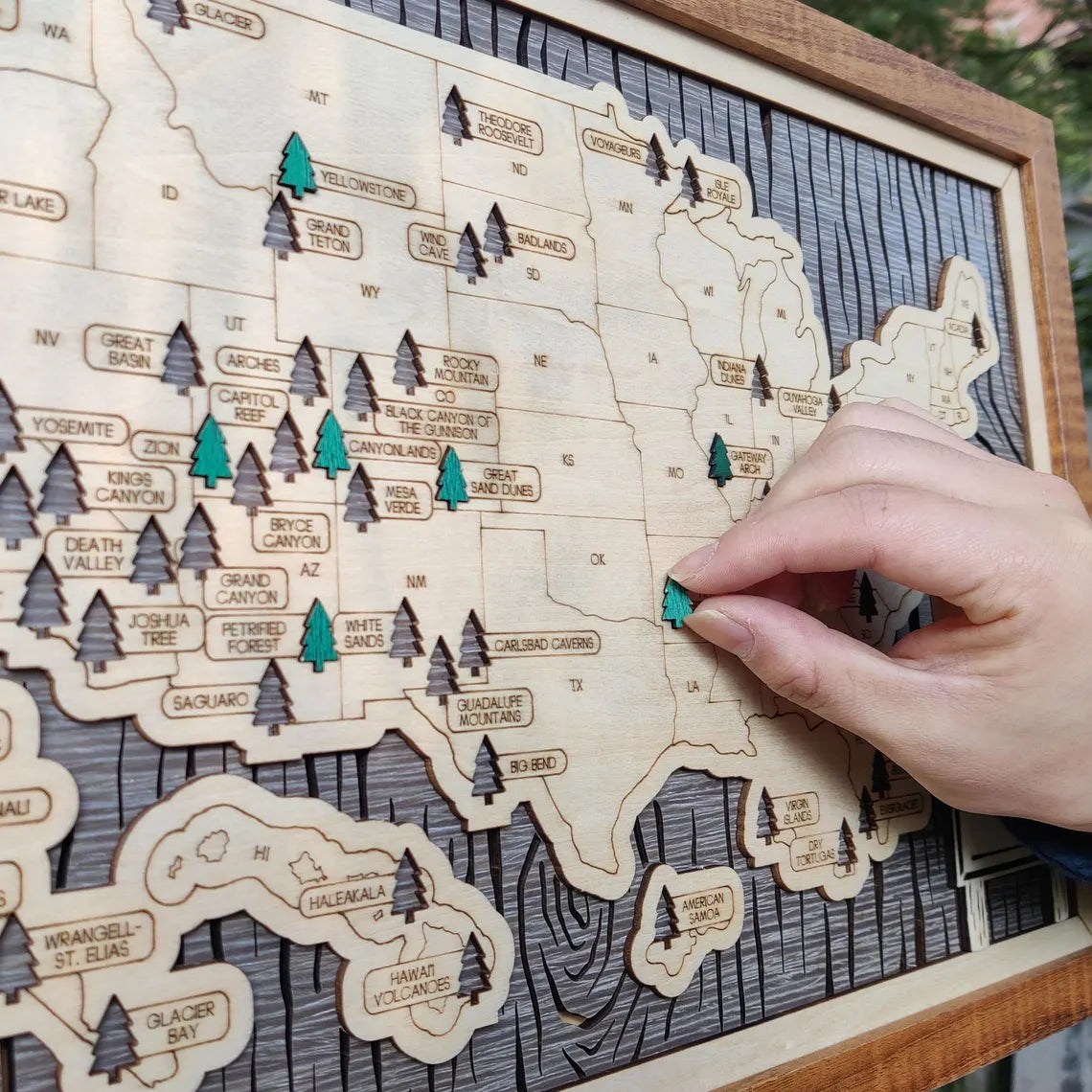 US National Parks Wooden Travel Map & Visit Tracker (Grey-Tree Texture)