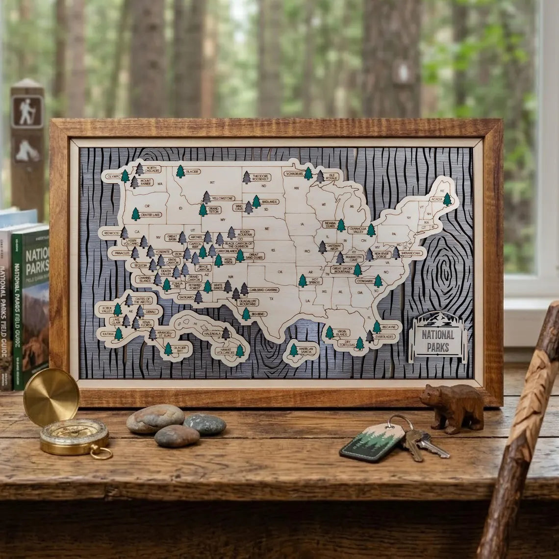 US National Parks Wooden Travel Map & Visit Tracker (Grey-Tree Texture)