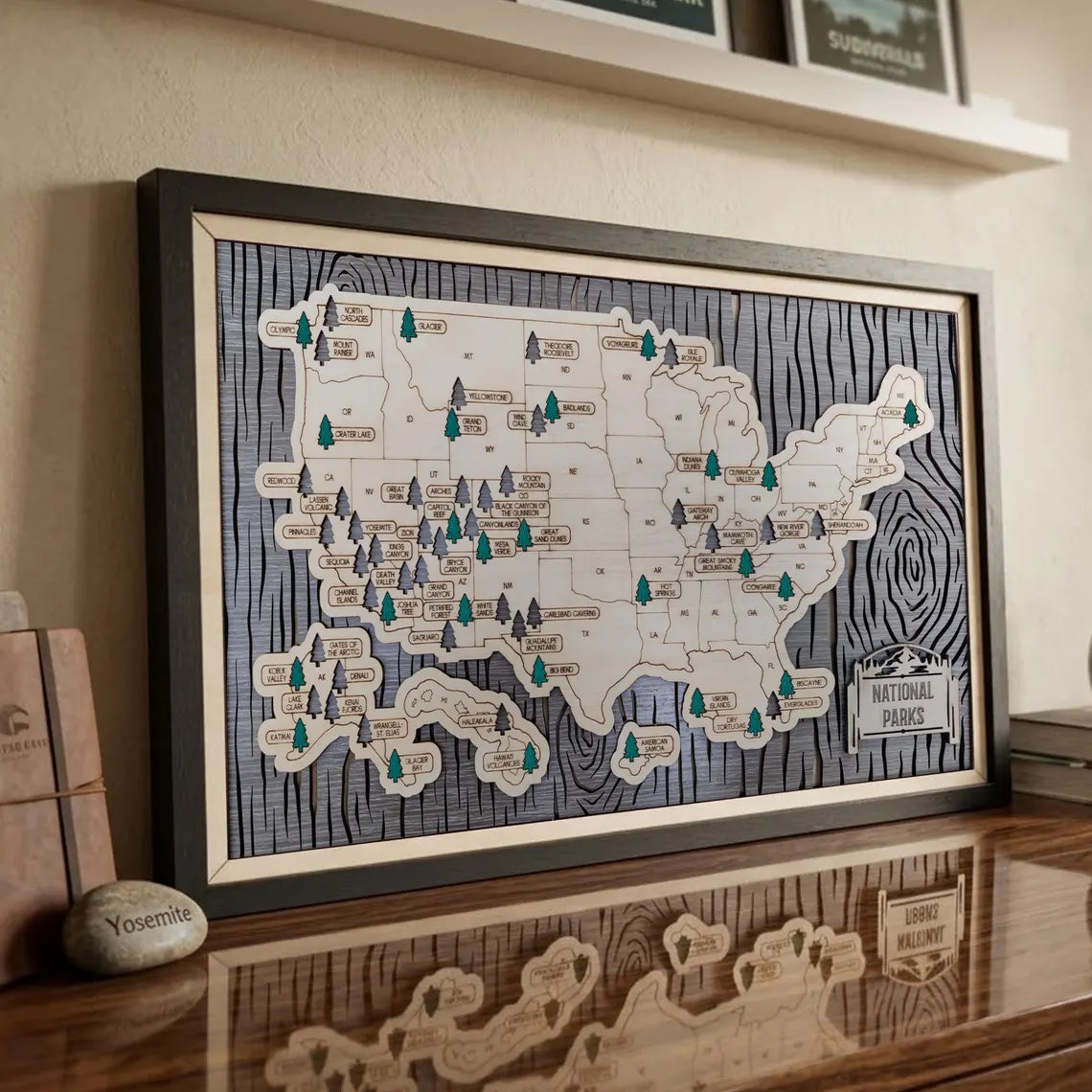 US National Parks Wooden Travel Map & Visit Tracker (Grey-Tree Texture)