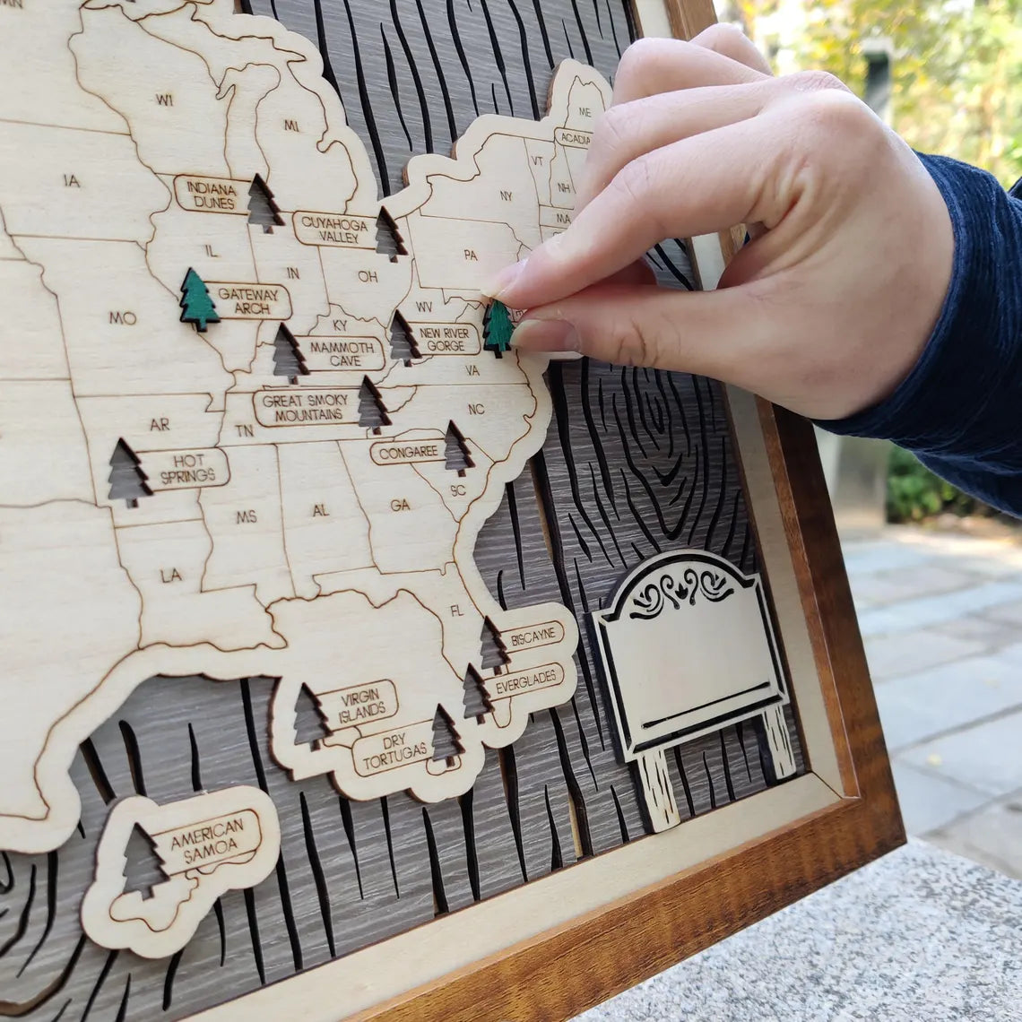 US National Parks Wooden Travel Map & Visit Tracker (Grey-Tree Texture)