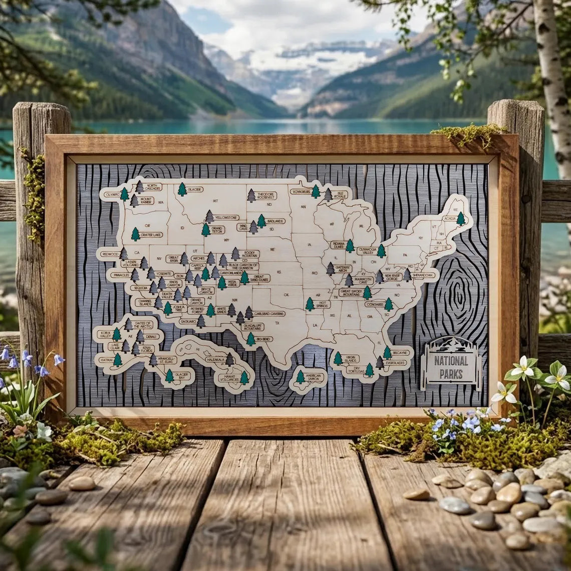 US National Parks Wooden Travel Map & Visit Tracker (Grey-Tree Texture)
