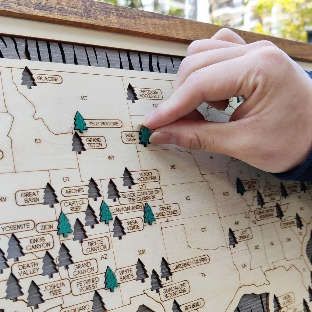 US National Parks Wooden Travel Map & Visit Tracker (Grey-Tree Texture)