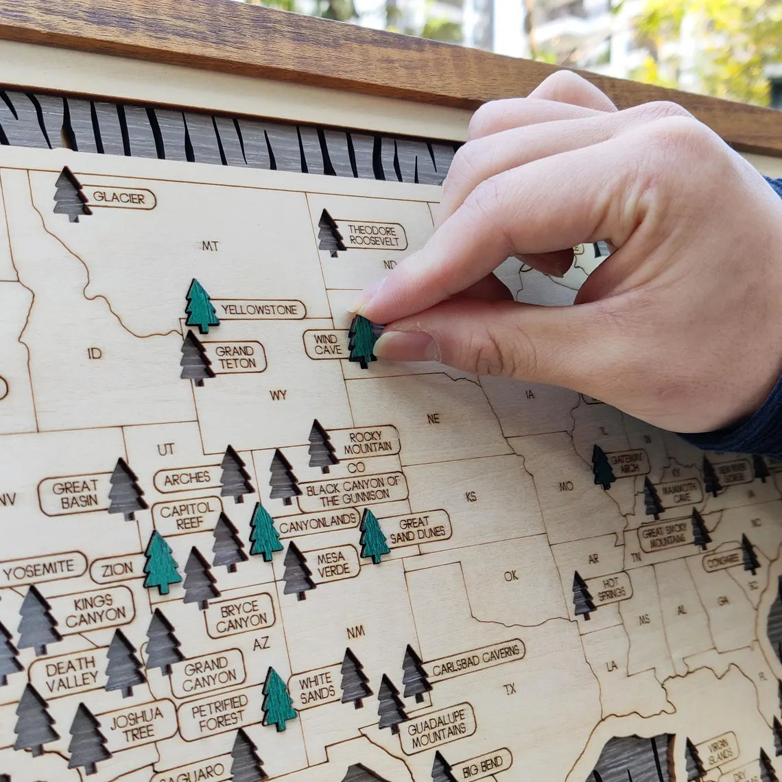 US National Parks Wooden Travel Map & Visit Tracker (Grey-Tree Texture)