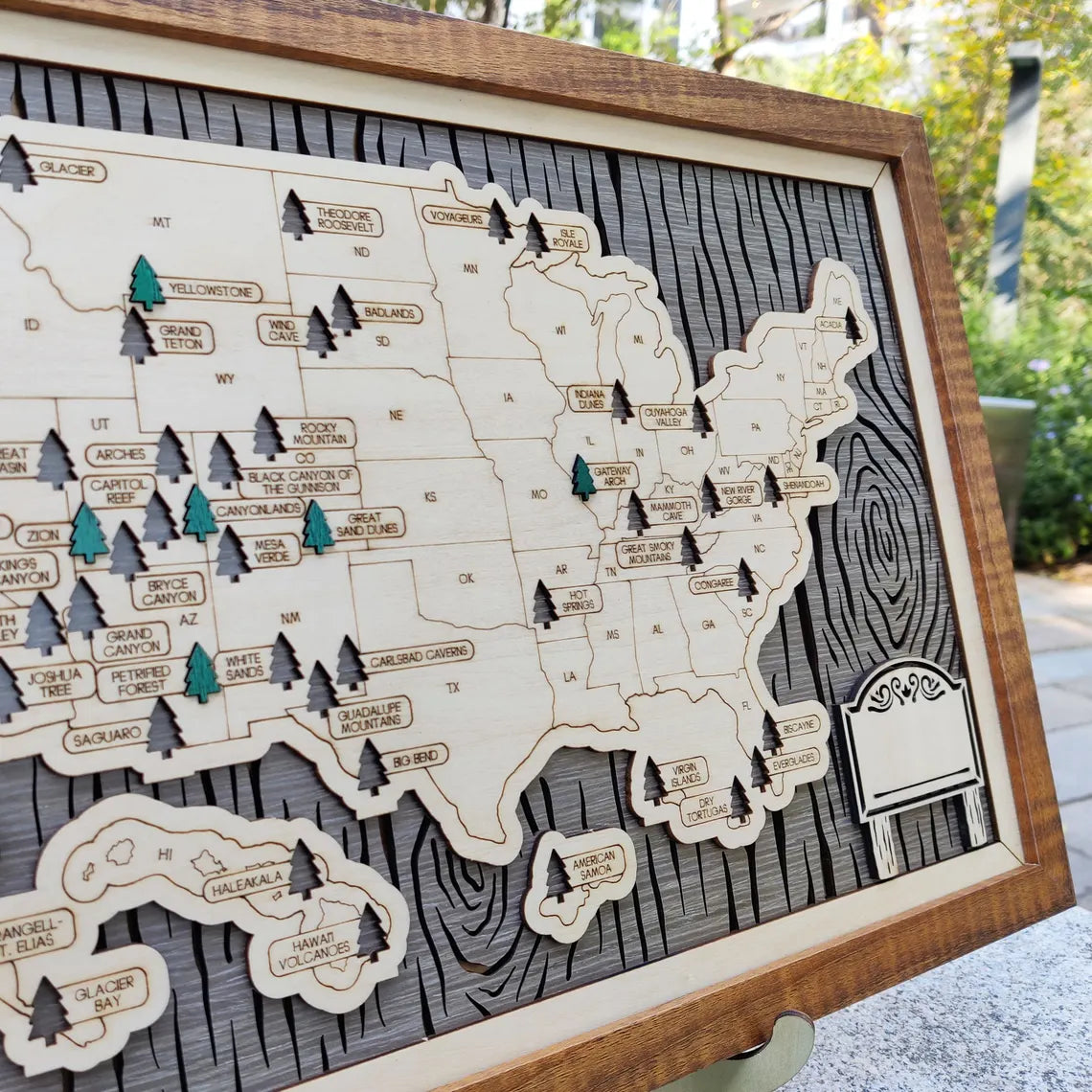 US National Parks Wooden Travel Map & Visit Tracker (Grey-Tree Texture)