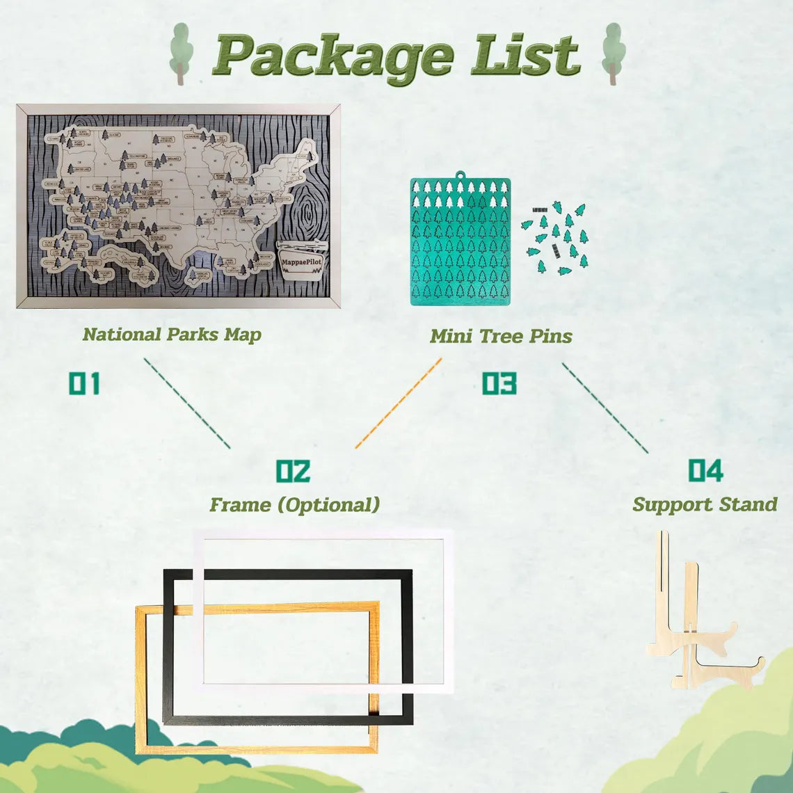 US National Parks Wooden Travel Map & Visit Tracker (White-Hiking)