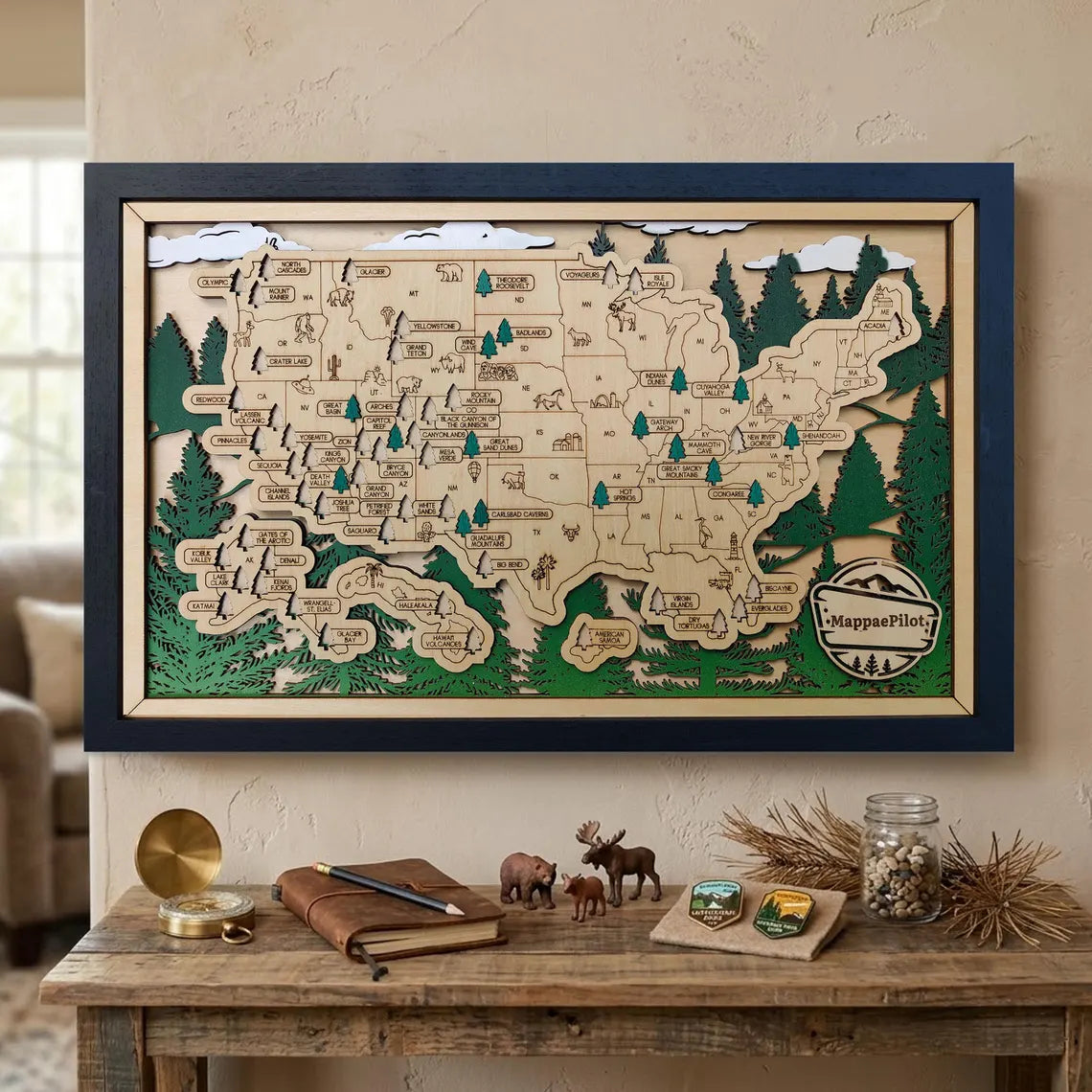 Wooden National Parks Map With Trees To Record Park Visits (Forest)