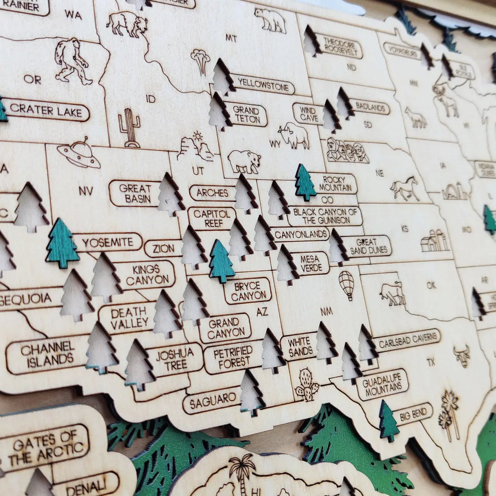 Wooden National Parks Map With Trees To Record Park Visits (Forest)