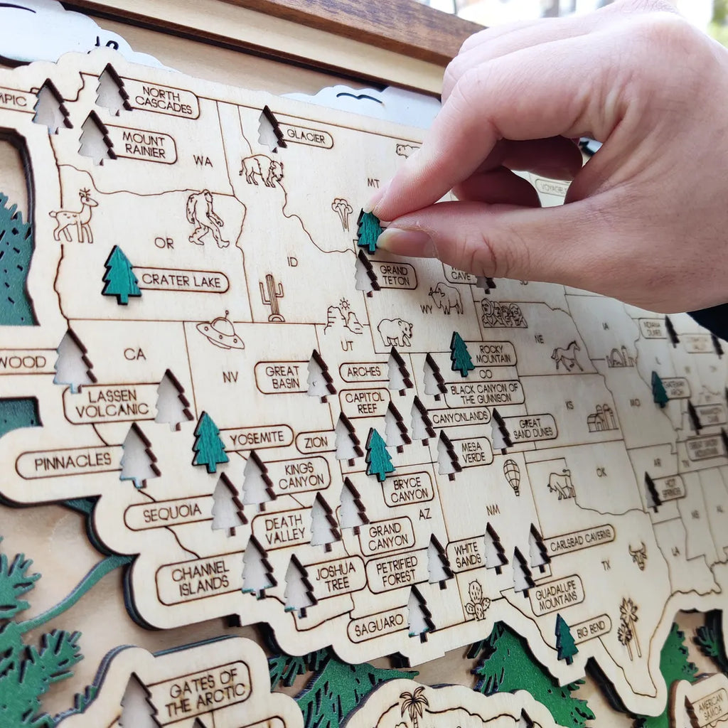 Wooden National Parks Map With Trees To Record Park Visits (Forest)