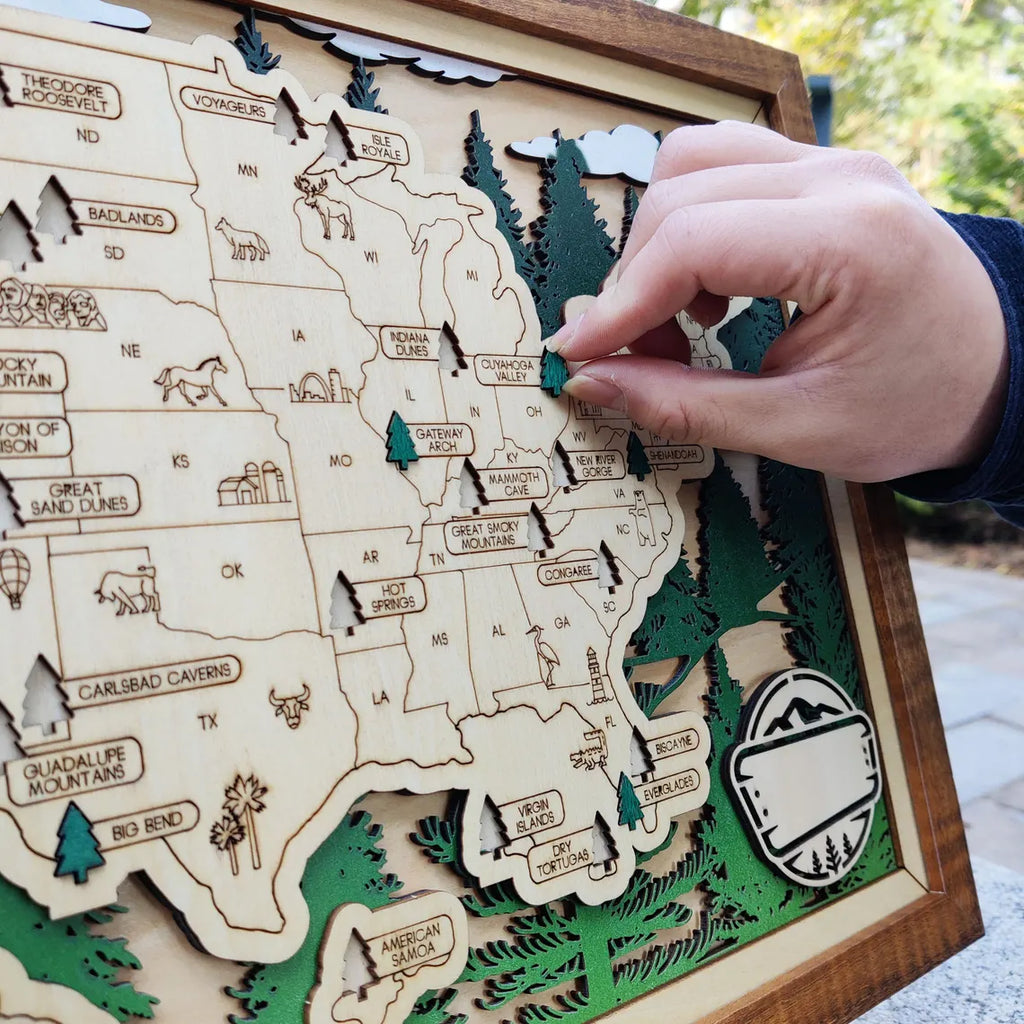 Wooden National Parks Map With Trees To Record Park Visits (Forest)