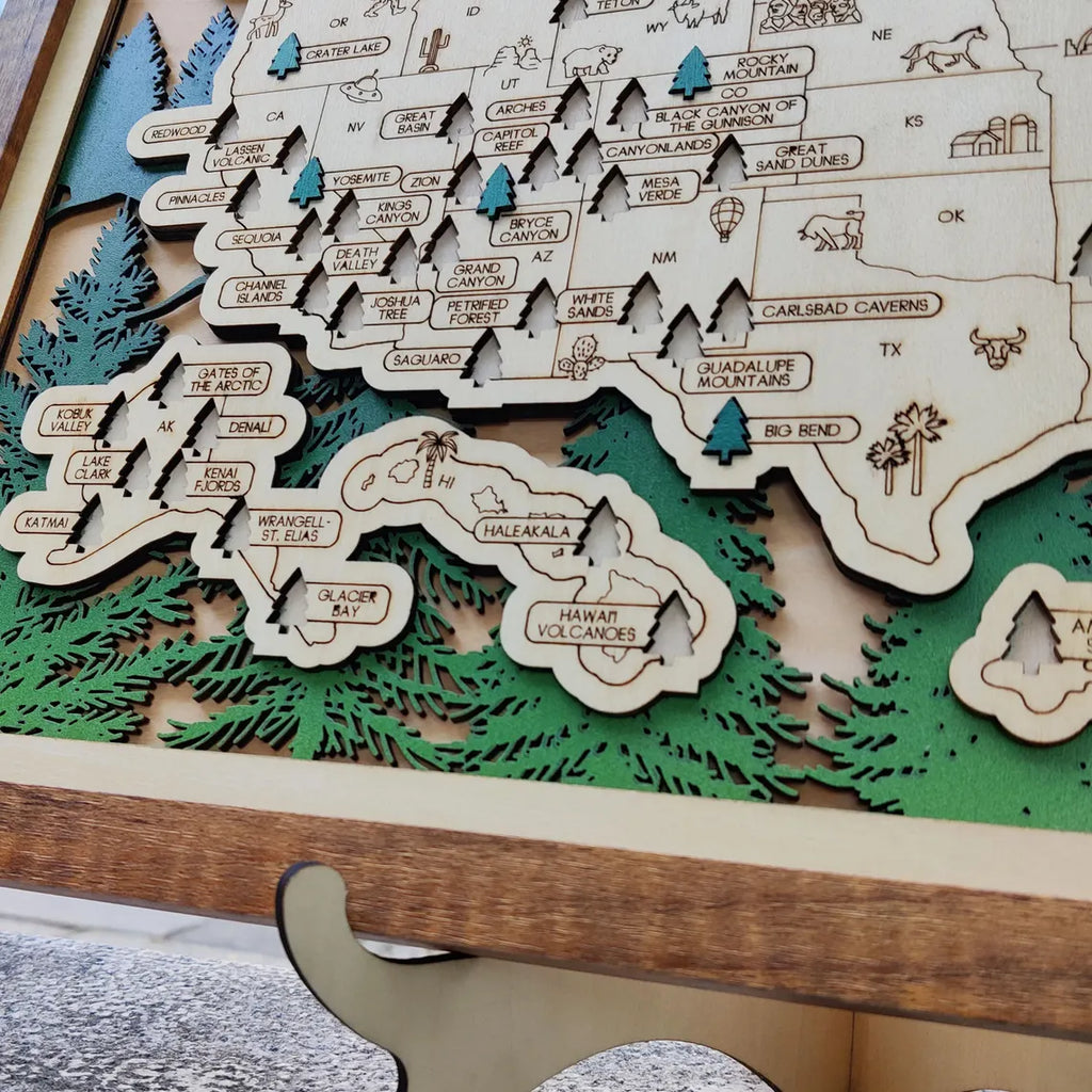 Wooden National Parks Map With Trees To Record Park Visits (Forest)