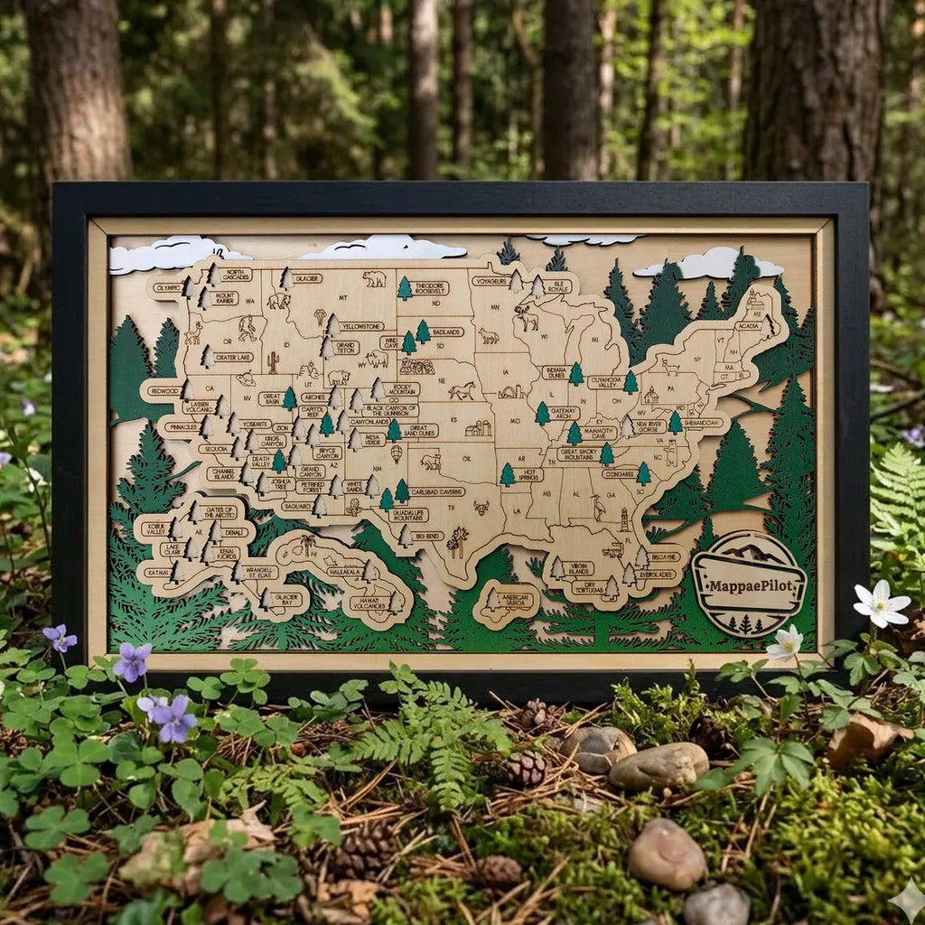 Wooden National Parks Map With Trees To Record Park Visits (Forest)