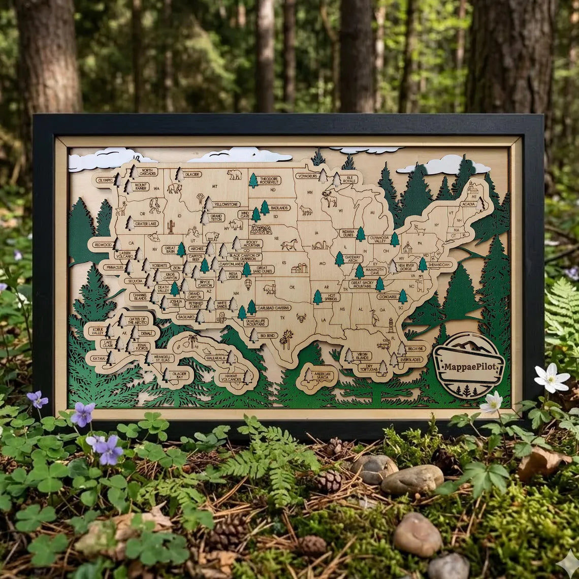 Wooden National Parks Map With Trees To Record Park Visits (Forest)
