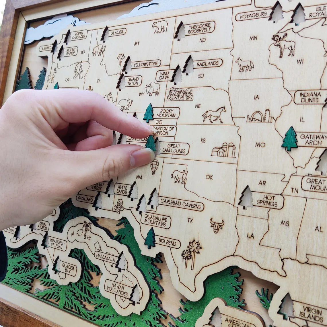 Wooden National Parks Map With Trees To Record Park Visits (Forest)