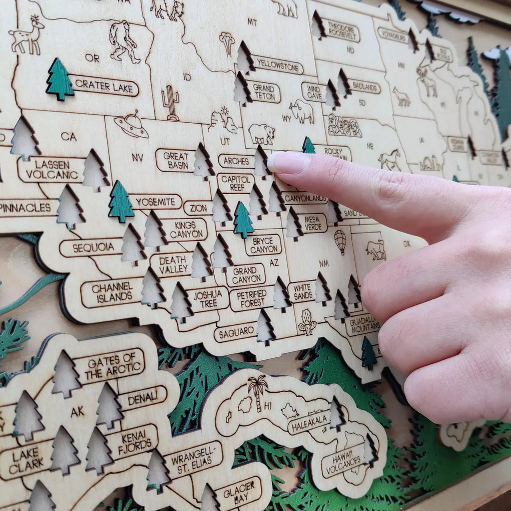 Wooden National Parks Map With Trees To Record Park Visits (Forest)
