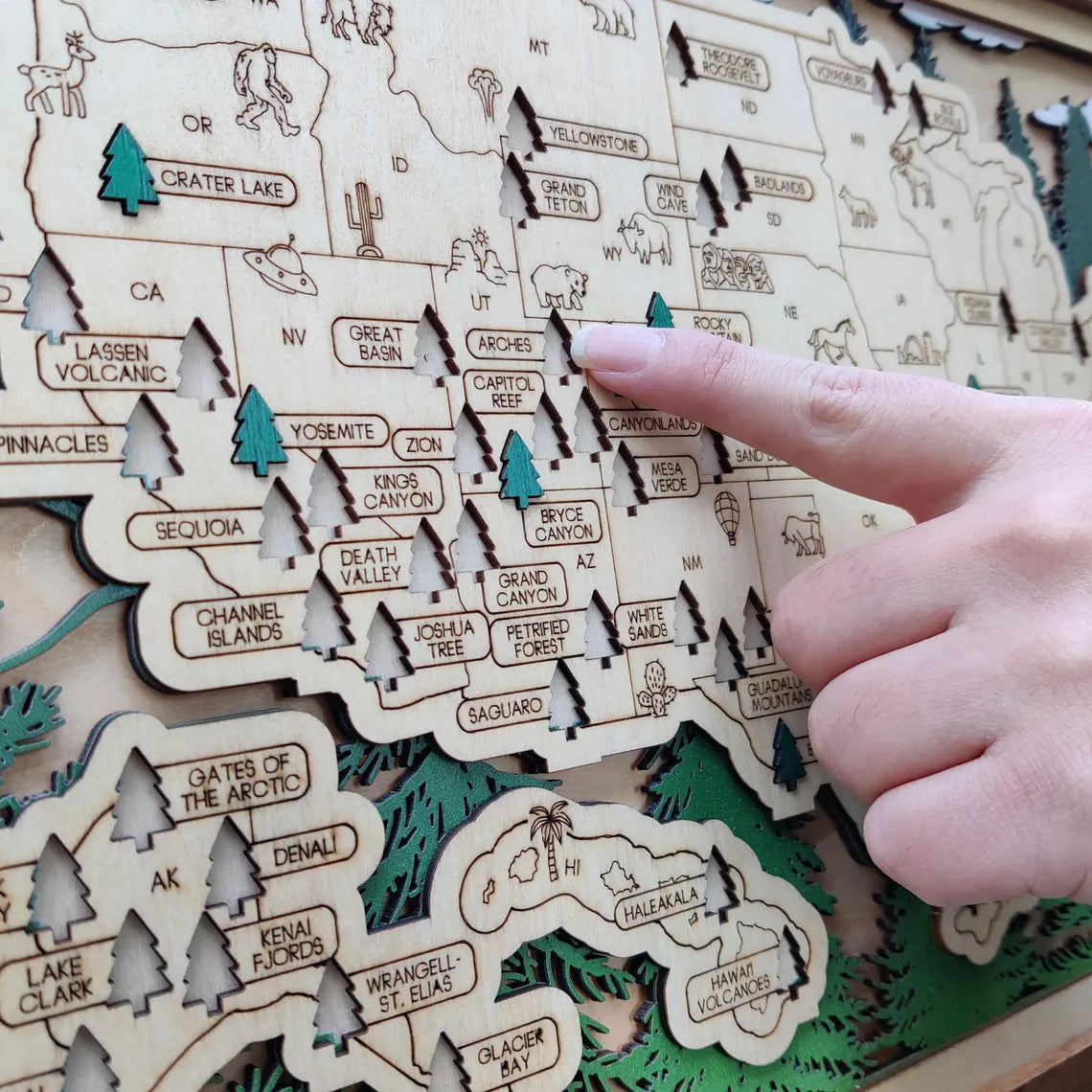 Wooden National Parks Map With Trees To Record Park Visits (Forest)