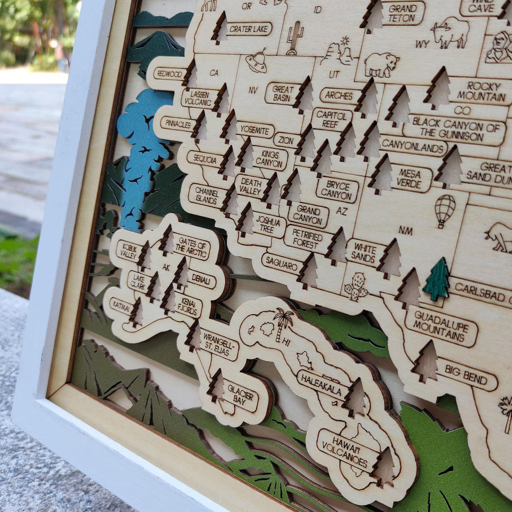 Wooden National Parks Map With Trees To Record Park Visits (Mountain)