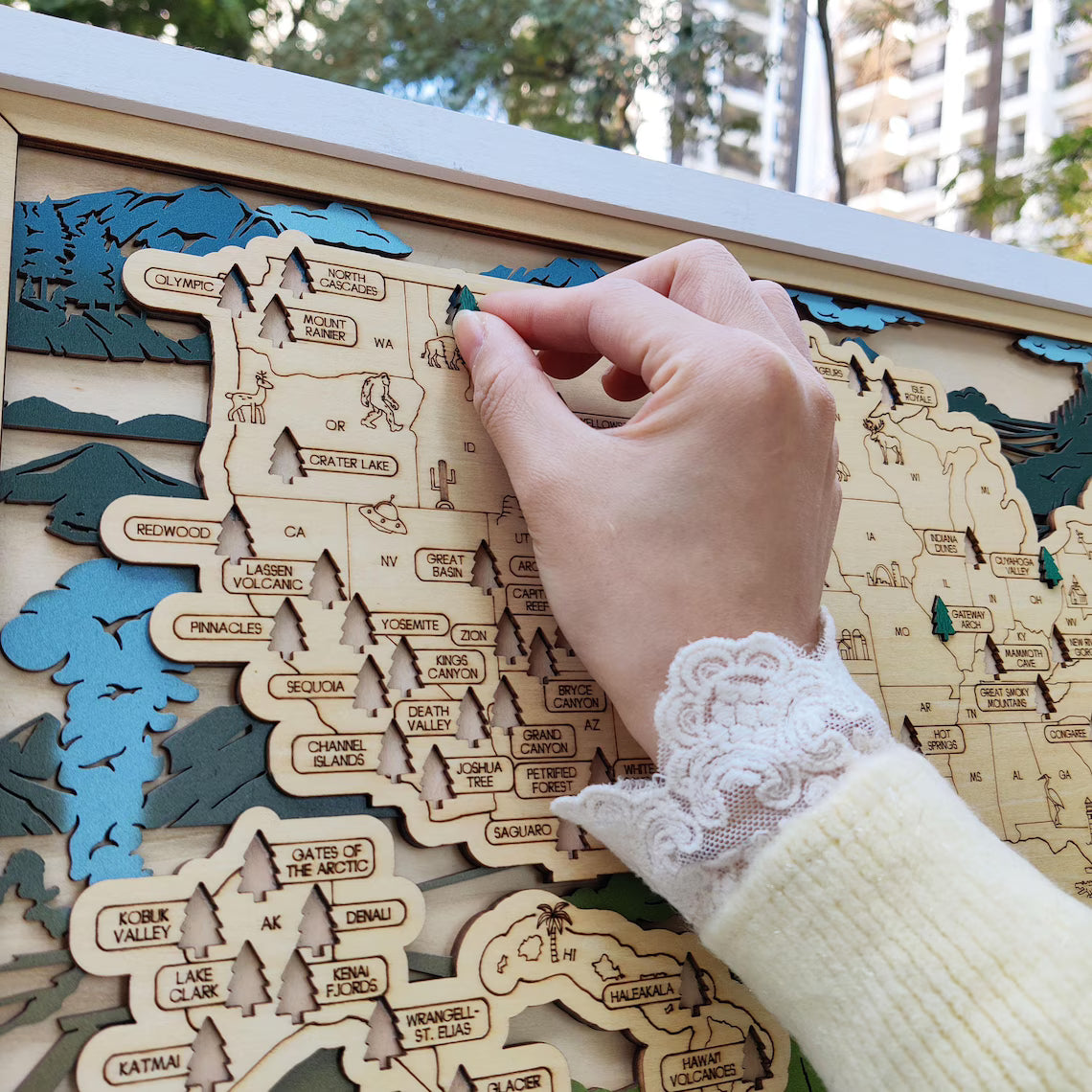 Wooden National Parks Map With Trees To Record Park Visits (Mountain)