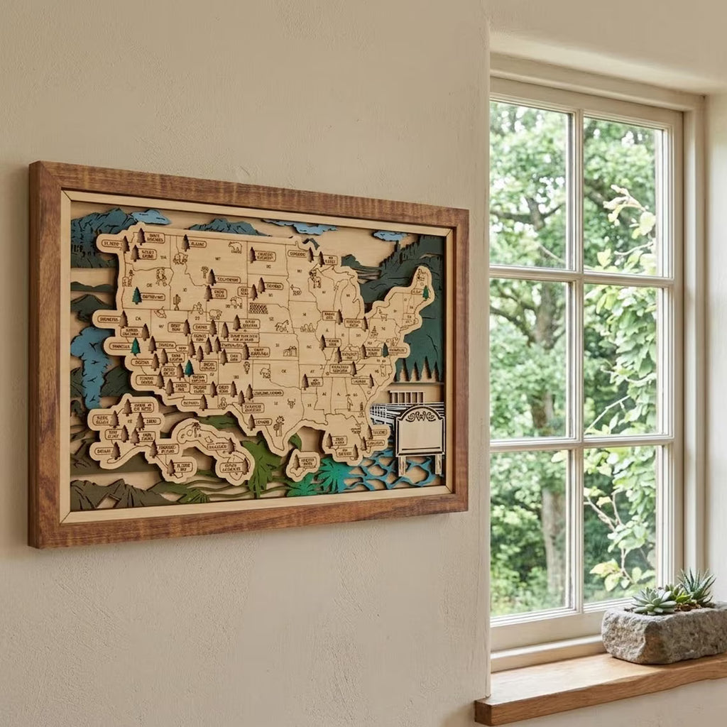 Wooden National Parks Map With Trees To Record Park Visits (Mountain)