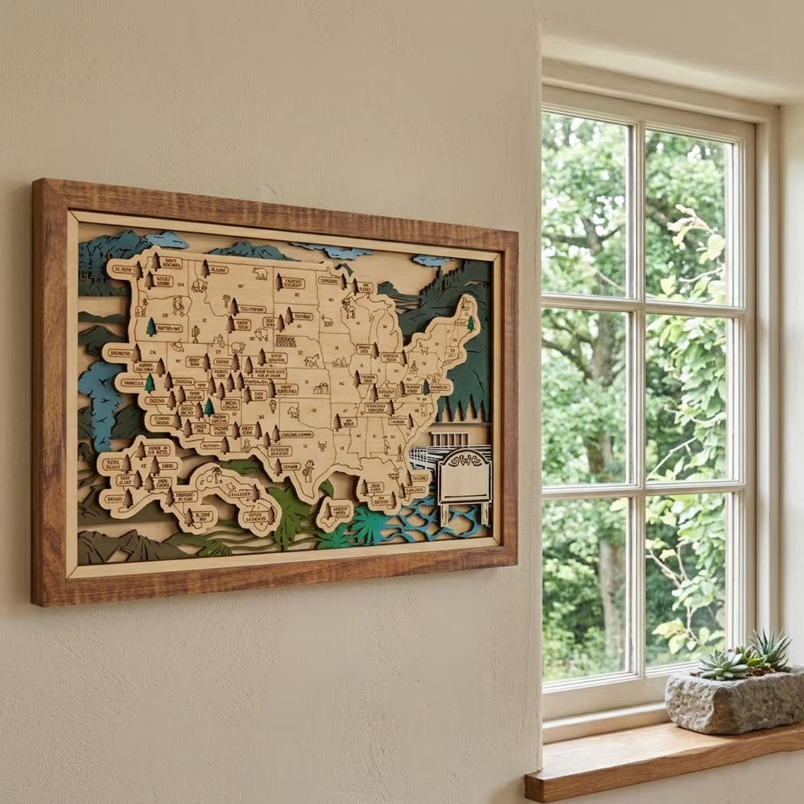 Wooden National Parks Map With Trees To Record Park Visits (Mountain)