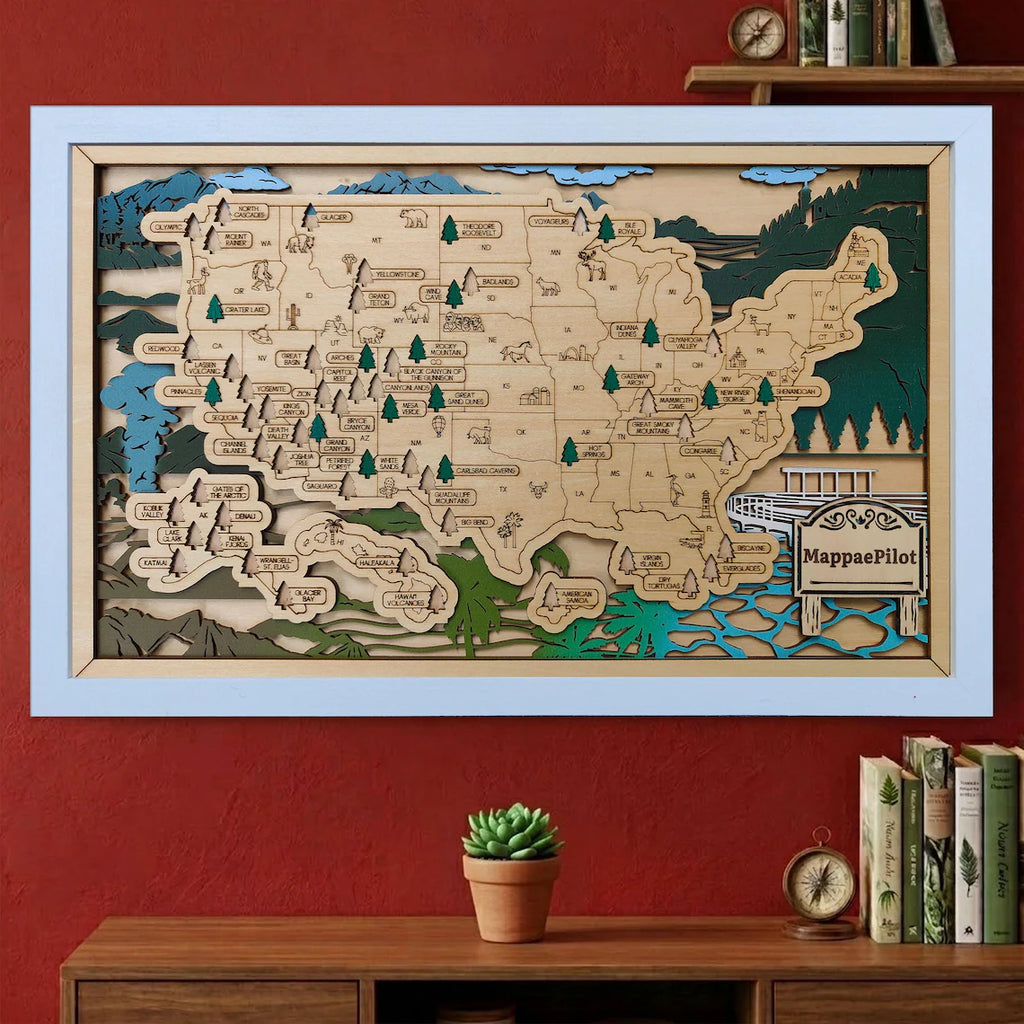 Wooden National Parks Map With Trees To Record Park Visits (Mountain)