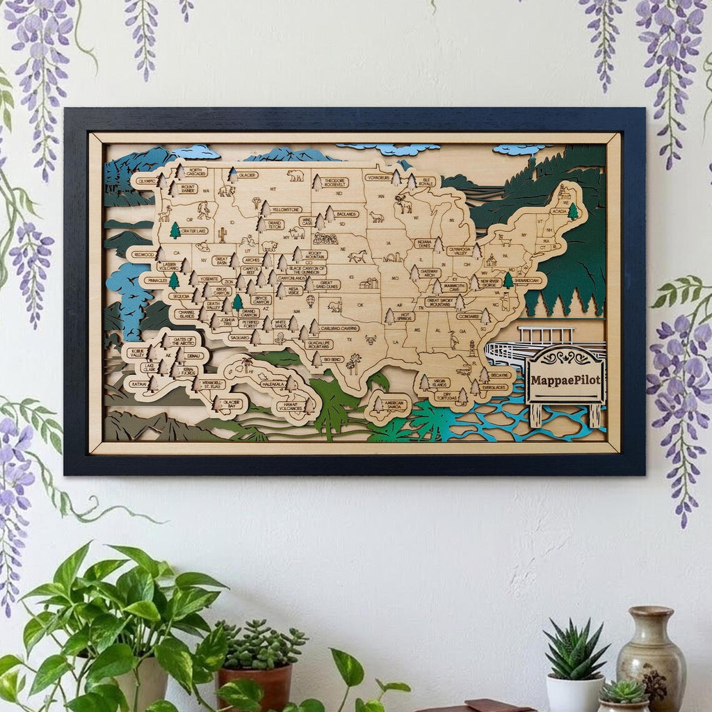 Wooden National Parks Map With Trees To Record Park Visits (Mountain)