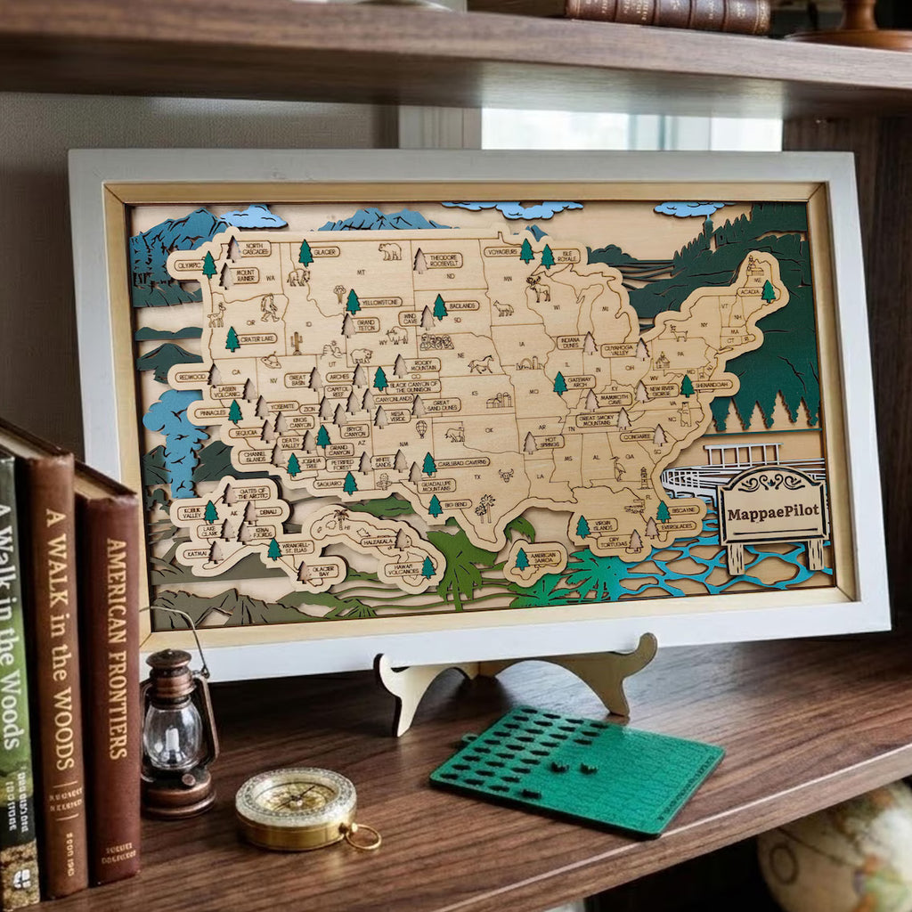 Wooden National Parks Map With Trees To Record Park Visits (Mountain)