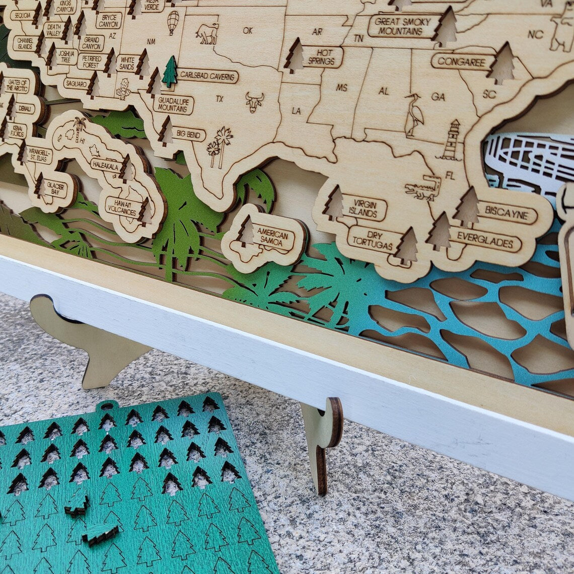 Wooden National Parks Map With Trees To Record Park Visits (Mountain)
