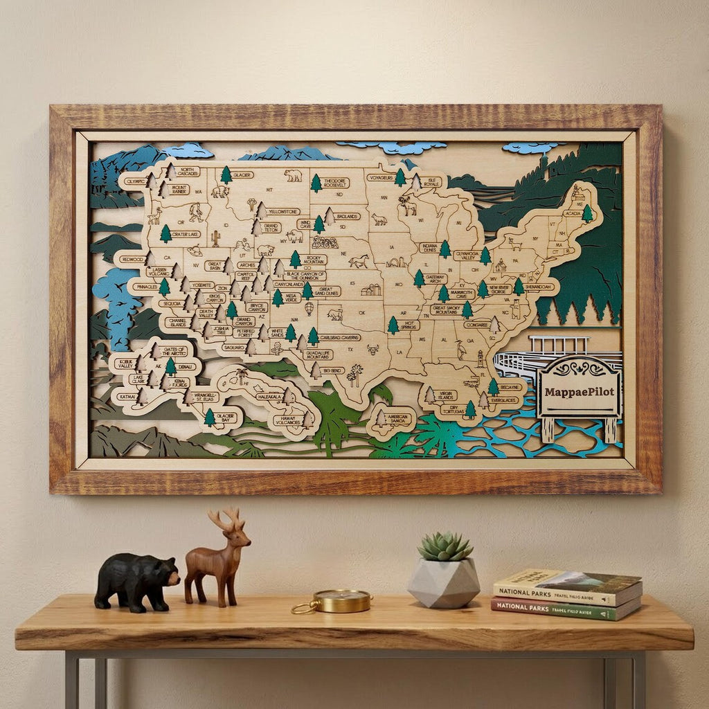Wooden National Parks Map With Trees To Record Park Visits (Mountain)