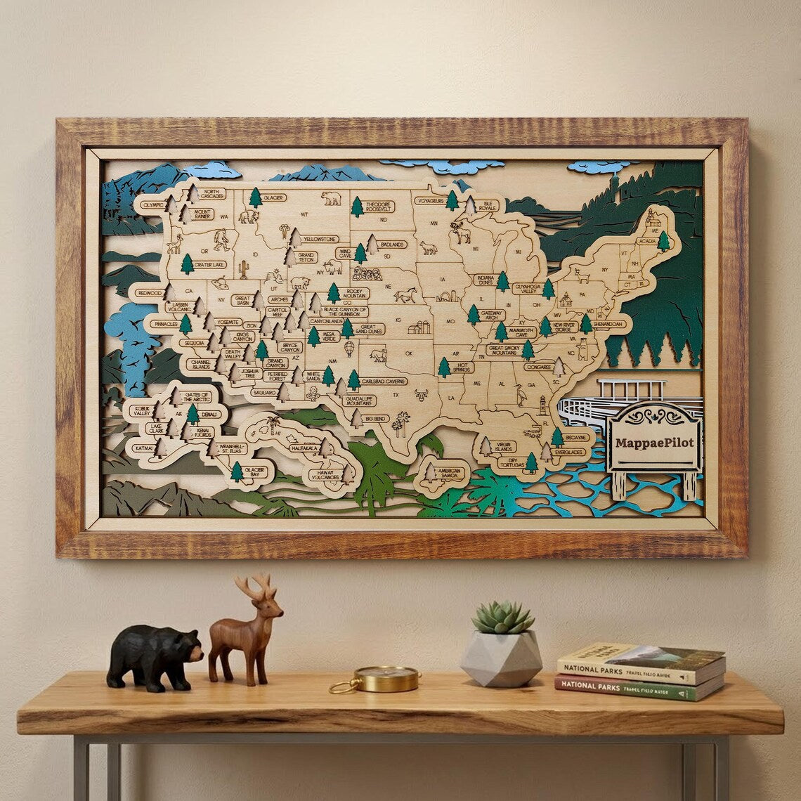 Wooden National Parks Map With Trees To Record Park Visits (Mountain)