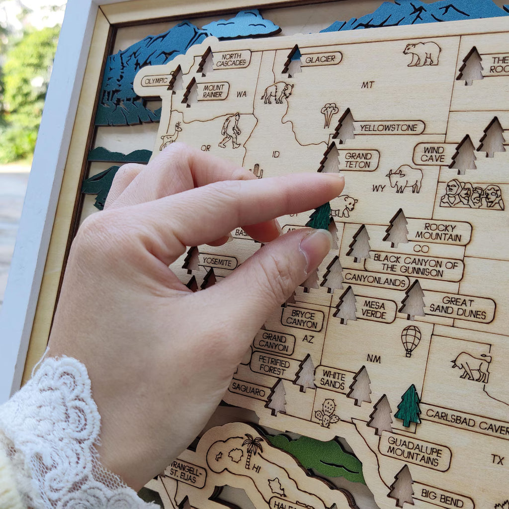 Wooden National Parks Map With Trees To Record Park Visits (Mountain)