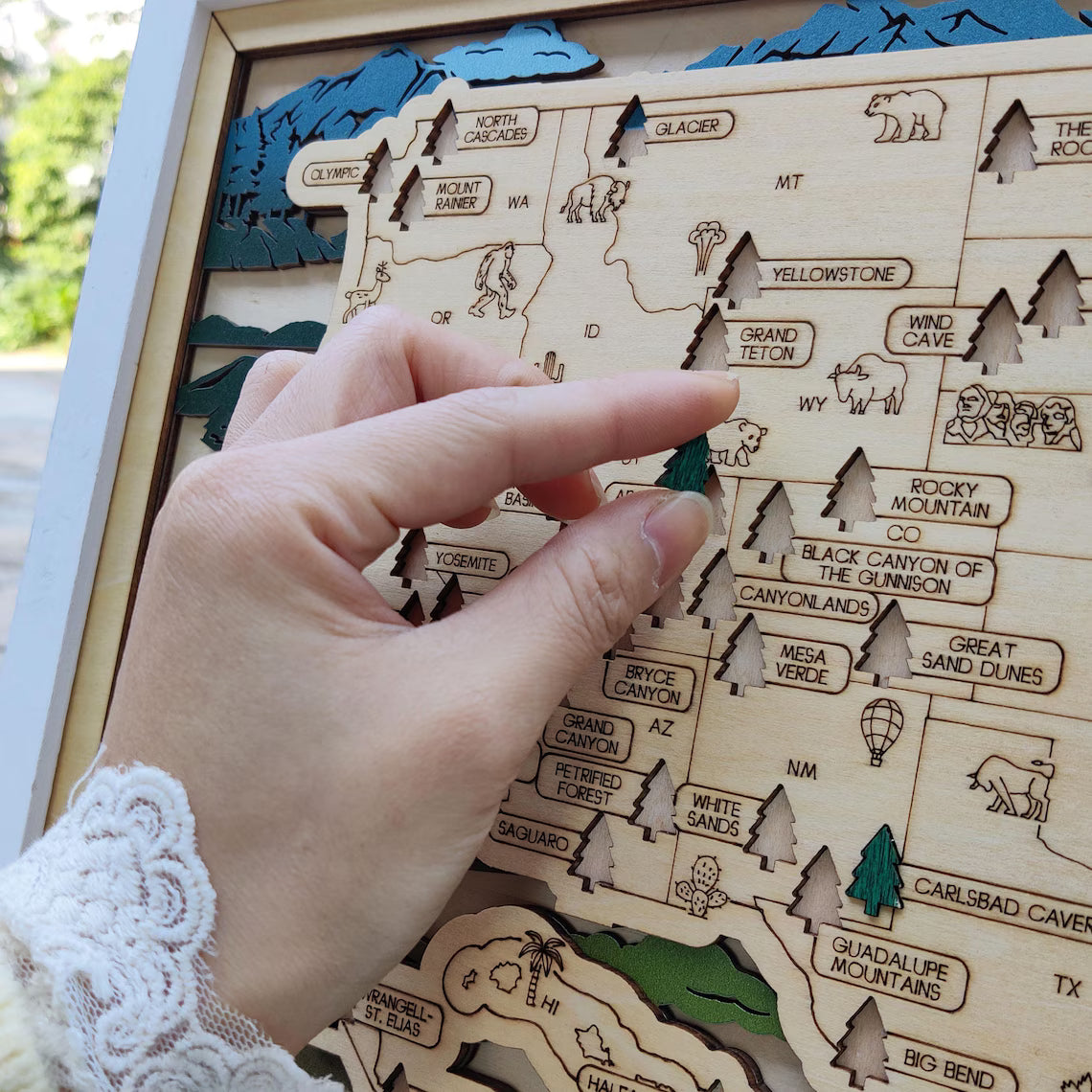 Wooden National Parks Map With Trees To Record Park Visits (Mountain)