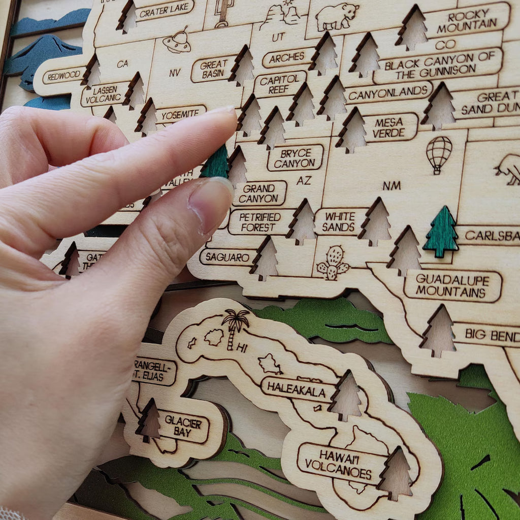 Wooden National Parks Map With Trees To Record Park Visits (Mountain)