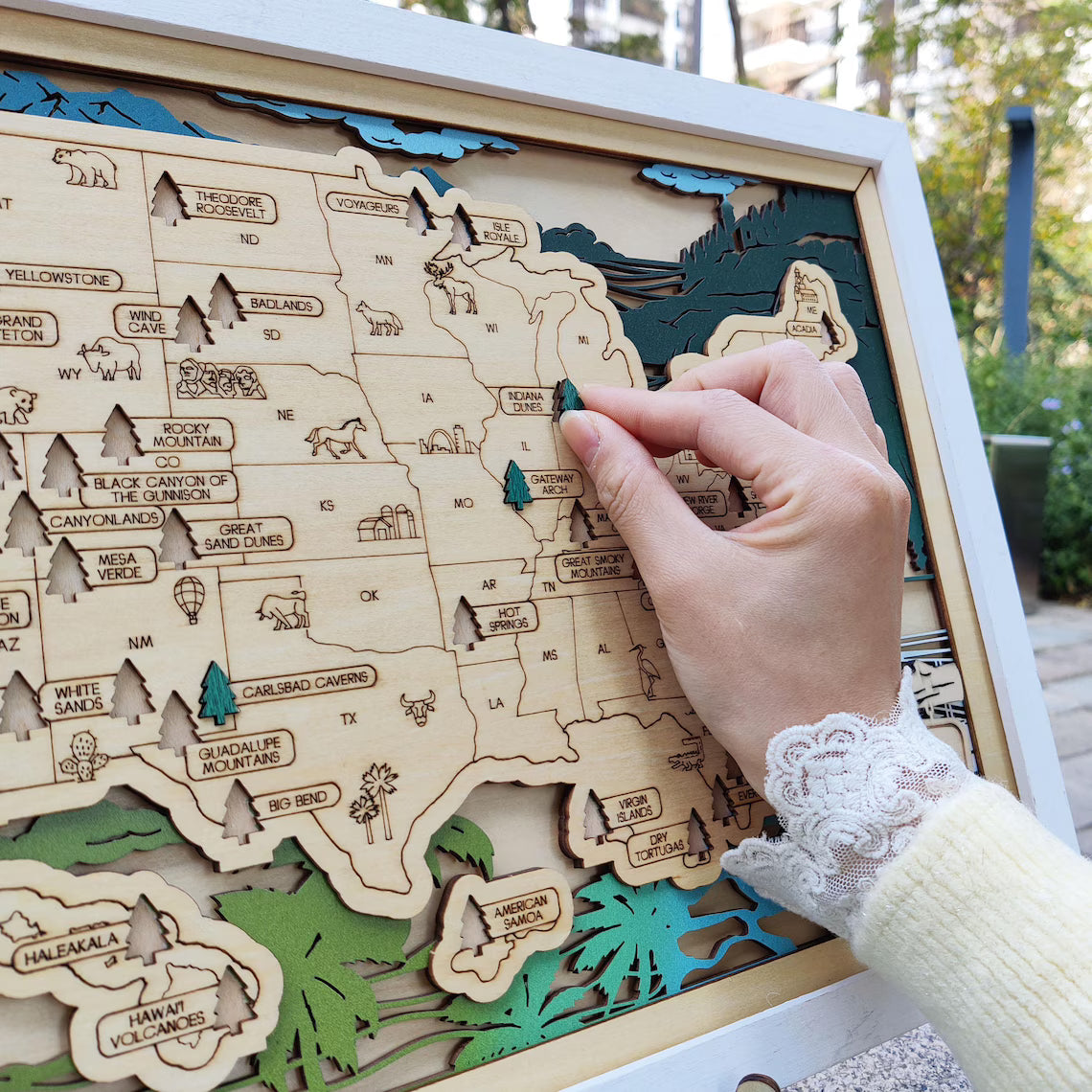 Wooden National Parks Map With Trees To Record Park Visits (Mountain)