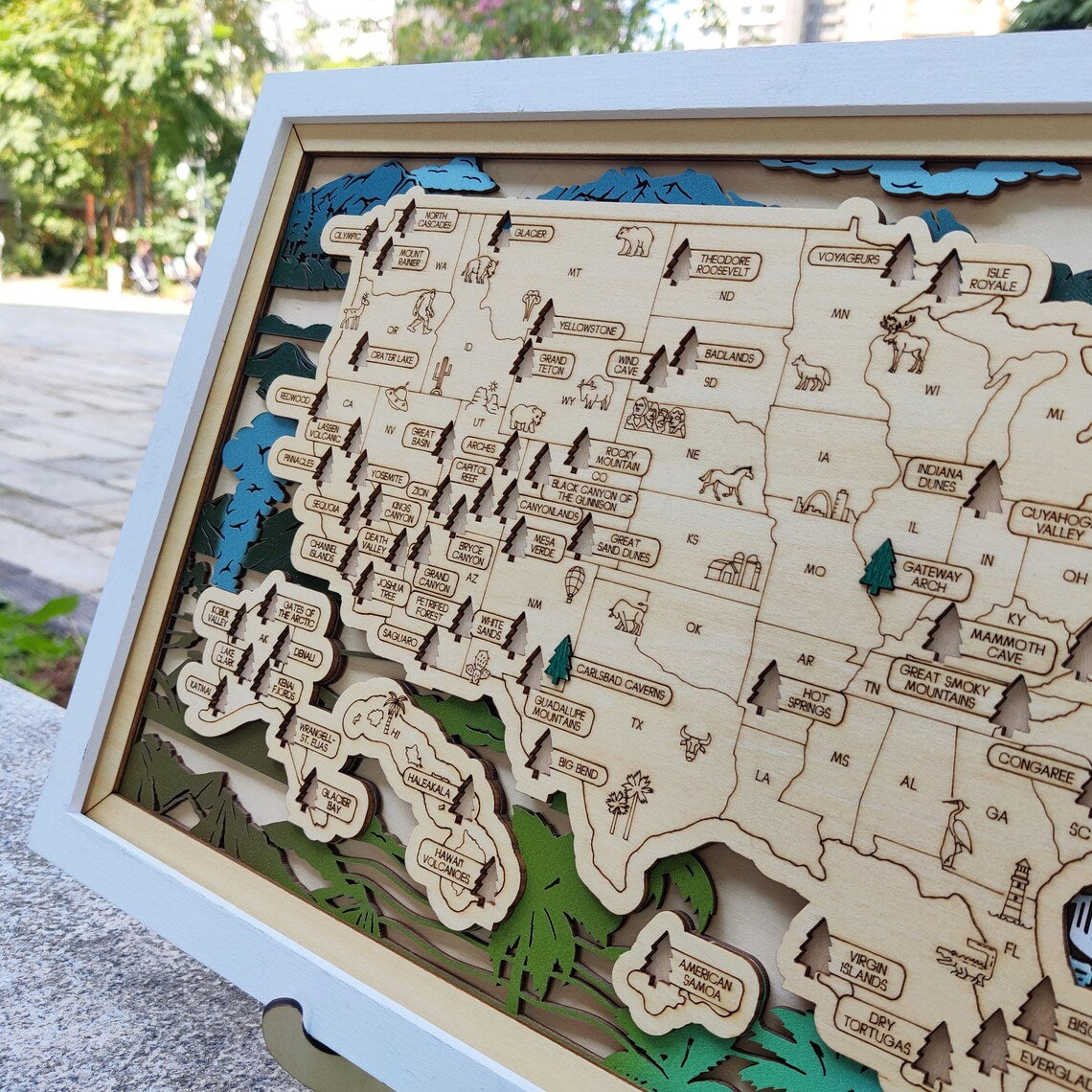 Wooden National Parks Map With Trees To Record Park Visits (Mountain)