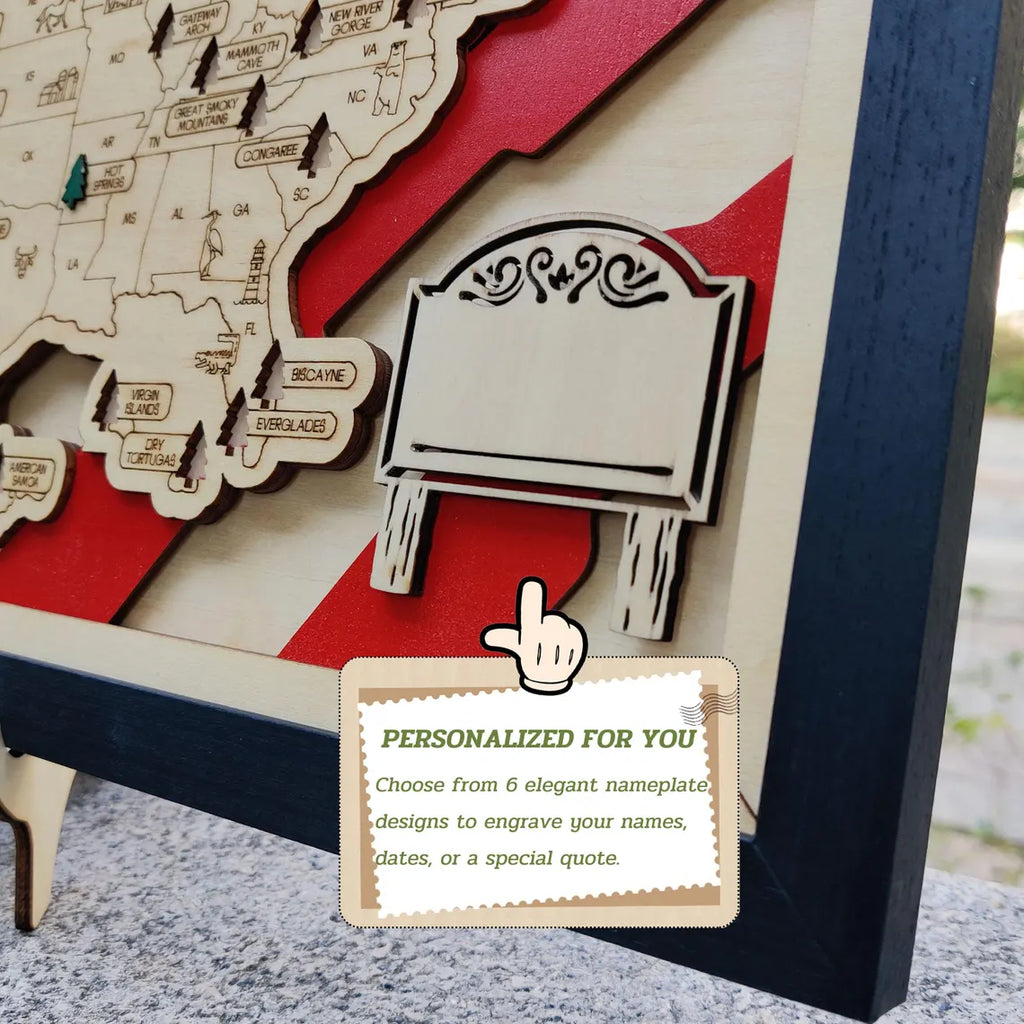 Wooden National Parks Map With Trees To Record Park Visits (USA Flage)
